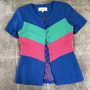 Women's Vintage 80's Santa Fe Color Block Blue Pink Button Up Blazer Jacket Sz 8